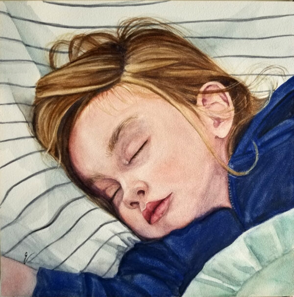 "Sleeping Angel" is a figurative watercolor portrait on aquabord of a sleeping young girl by artist Esther BeLer Wodrich
