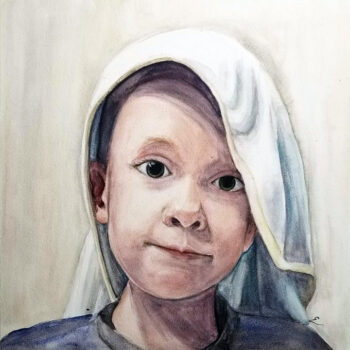 "Superhero" is a figurative watercolor on aquabord of a young boy with a blanket over his head by artist Esther BeLer Wodrich