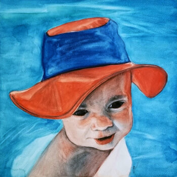 "Little Swimmer" is a figurative watercolor portrait on Ampersand Aquabord of a young boy in a bright sun hat by artist Esther BeLer Wodrich