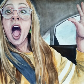 "Drama" is a watercolor figurative work on Aquabord of a teen by artist Esther BeLer Wodrich