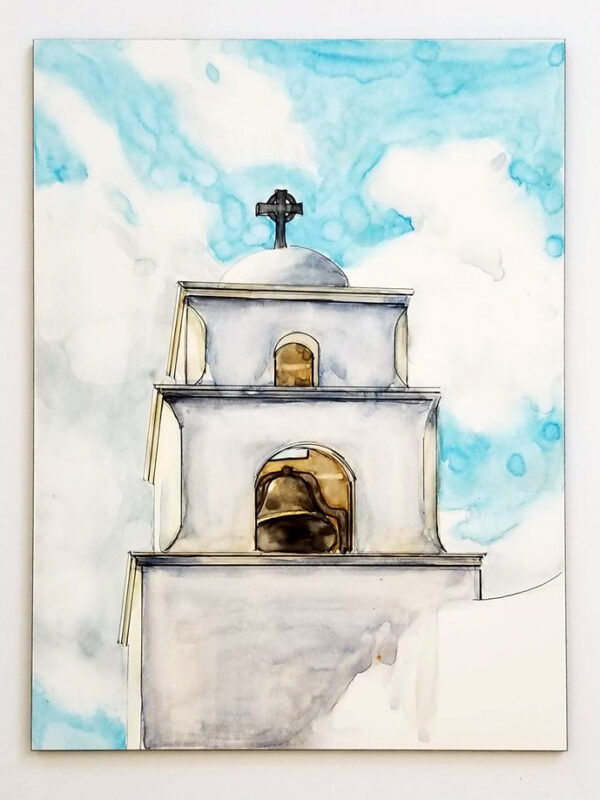 "The Bell Tower - Church at Litchfield Park" is a watercolor, pen and ink painting on Claybord by artist Esther BeLer Wodrich