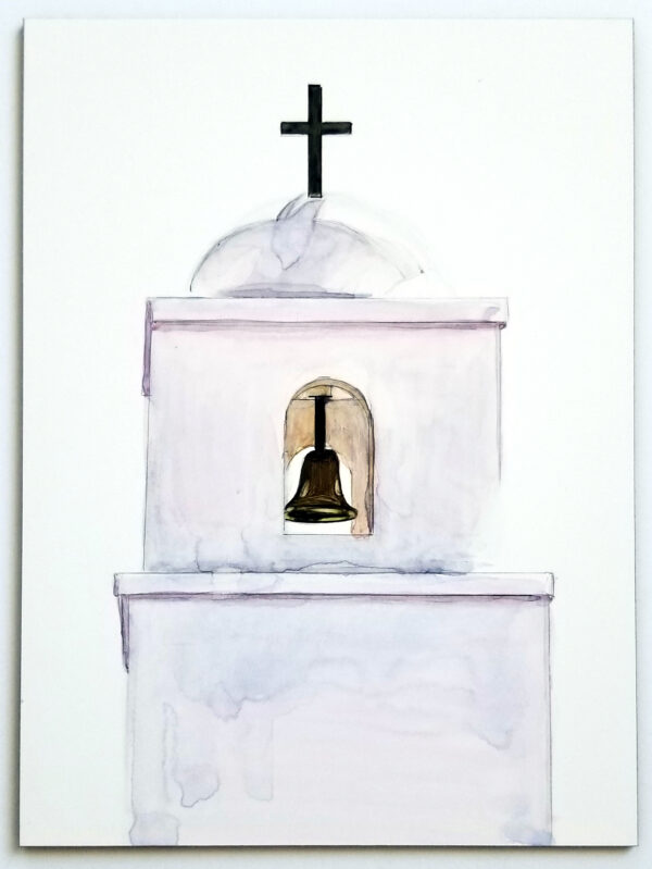 "The Bell Tower - King of Kings Church" is a watercolor painting on claybord of King of Kings Church in Goodyear, Arizona by artist Esther BeLer Wodrich