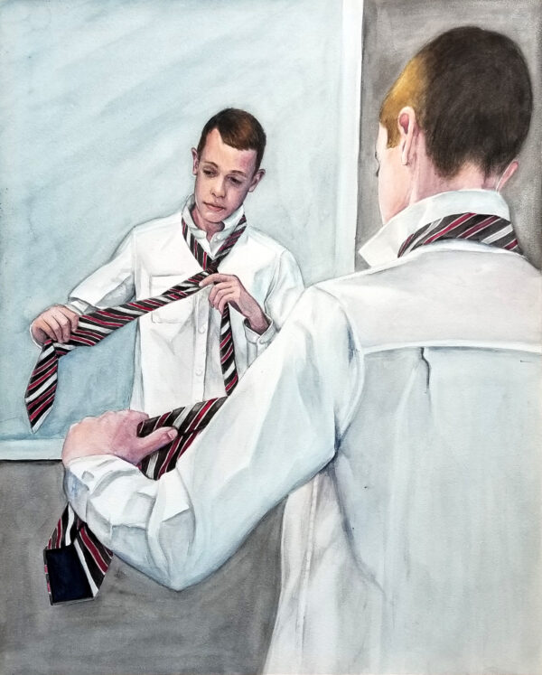"Promotion" is a watercolor on aquabord of a teen boy learning to tie for his promotion ceremony by artist Esther BeLer Wodrich