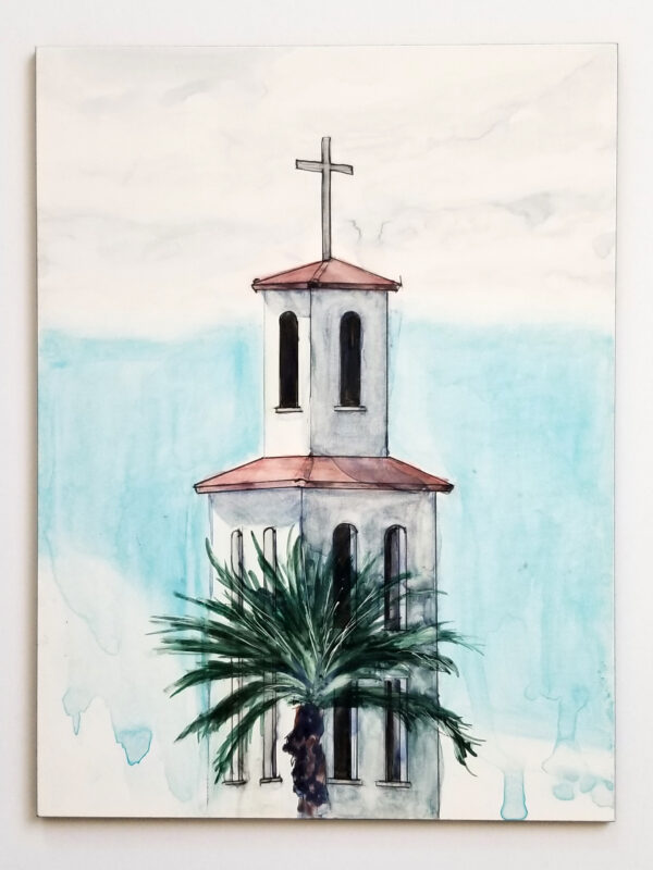 "The Bell Tower - St Thomas Aquinas Church" is a watercolor, pen and ink on clayboard of the St Thomas Aquinas catholic church and school in Avondale, Arizona by artist Esther BeLer Wodrich