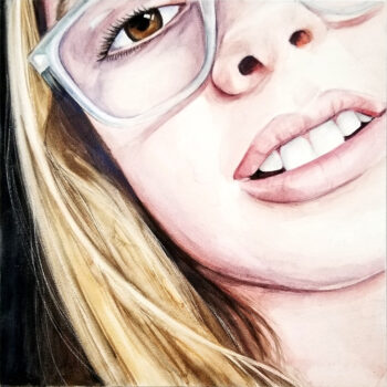 "Close Up" is a watercolor on aquabord portrait painting of a girl with glasses by artist Esther BeLer Wodrich