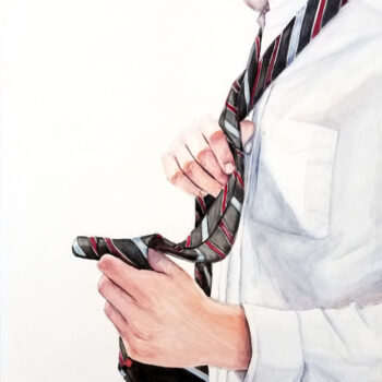 "Earning Stripes" to is a figurative watercolor painting on Aquabord of a youth / teen learning to tye a tie by artist Esther BeLer Wodrich