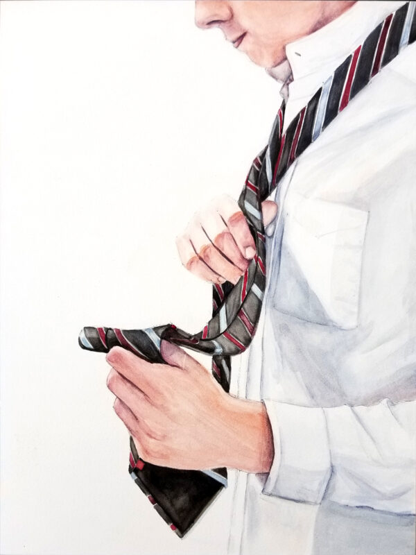 "Earning Stripes" to is a figurative watercolor painting on Aquabord of a youth / teen learning to tye a tie by artist Esther BeLer Wodrich