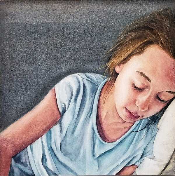 "Isolated" is a figurative watercolor portrait painting on aquabord of a sad young girl by artist Esther BeLer Wodrich. Part of the M I S U N D E R S T O O D series.