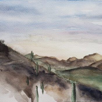 Day 5 of 2020 World Watercolor Month is a painting of a desert landscape by artist Esther BeLer Wodrich